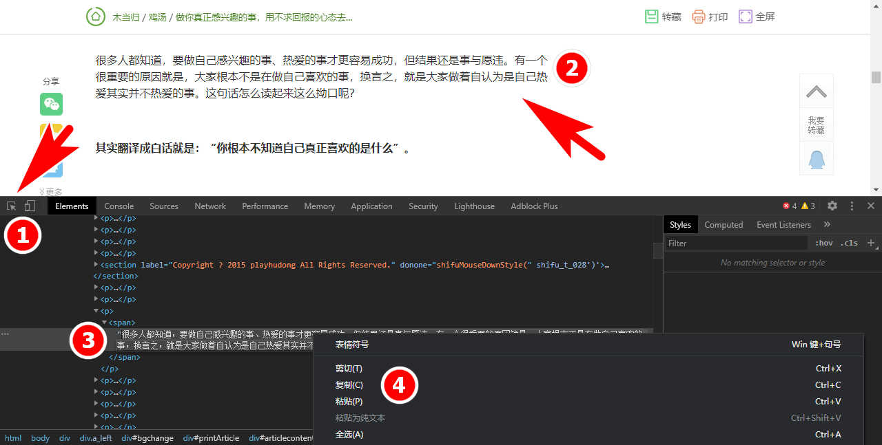 使用Chrome谷歌浏览器开发者工具(developer tool)复制禁止复制的文字